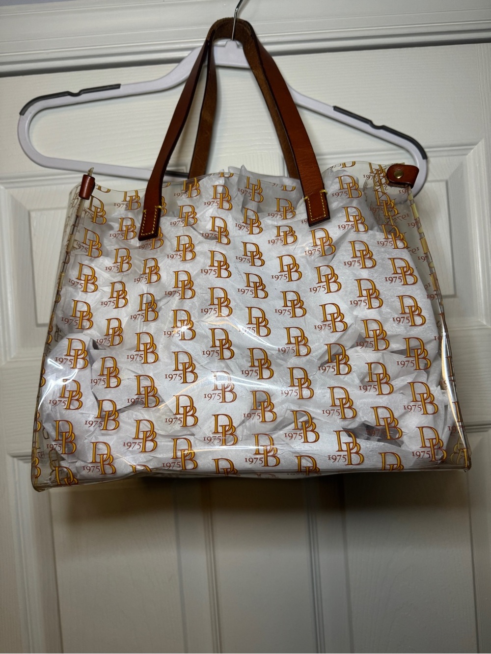Dooney & Bourke White Tote with Brown Leather Handles and Gold Logo Print - Picture 4 of 5